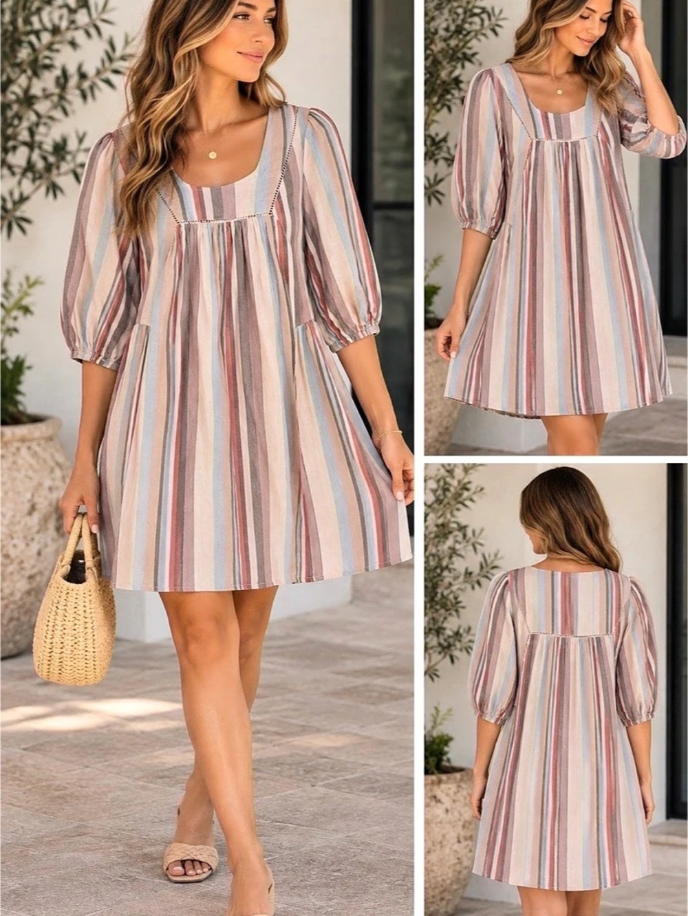 All Lined Up Striped Puff Sleeve Mini Dress Pink & Blue